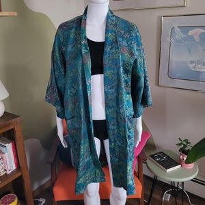 Vintage Double Peach Asian Blue Green Embroidered Kimono - NO TIE - Size Medium